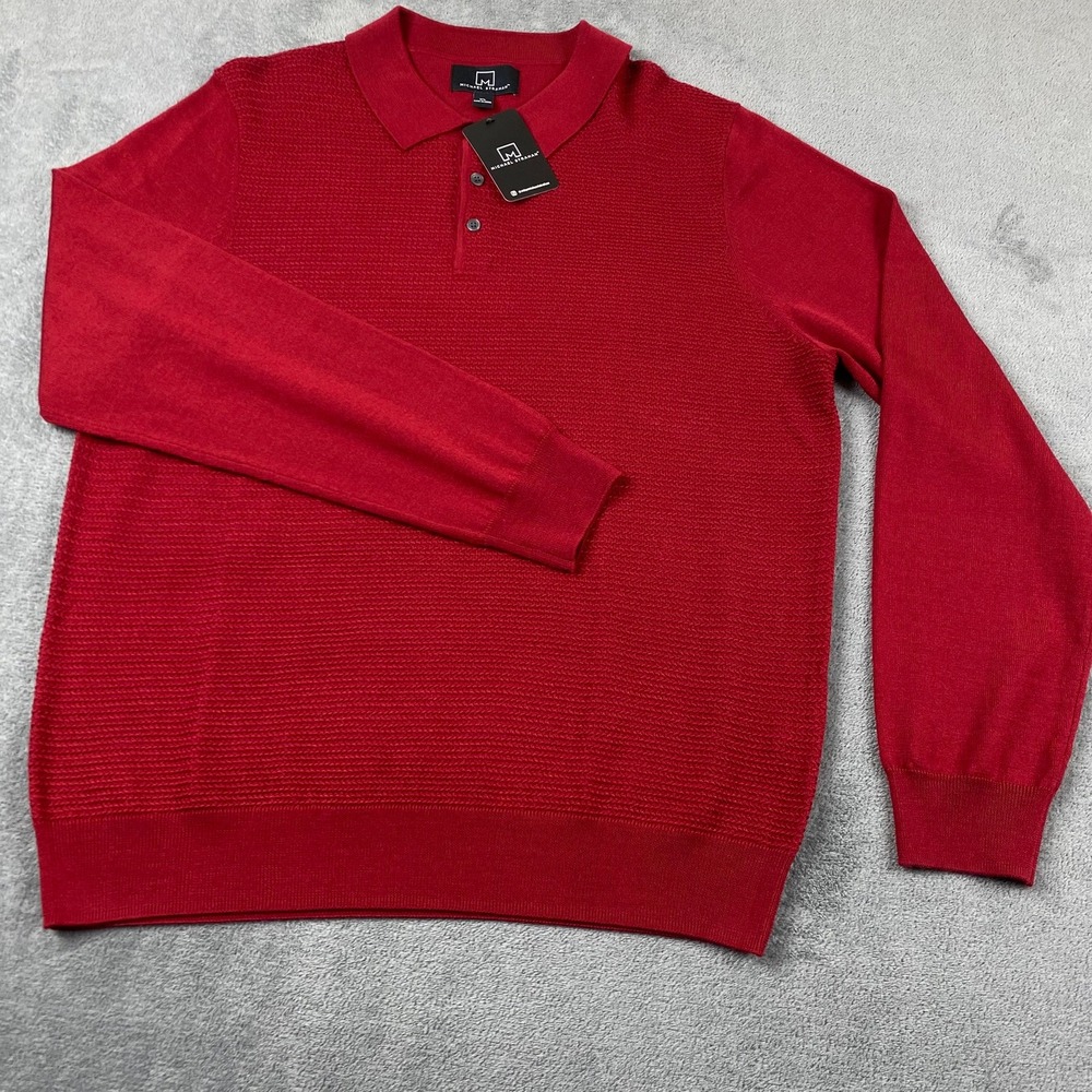 Michael Strahan Mens XL Polo Sweater Burgundy Merino Wool Textured Knit Pullover